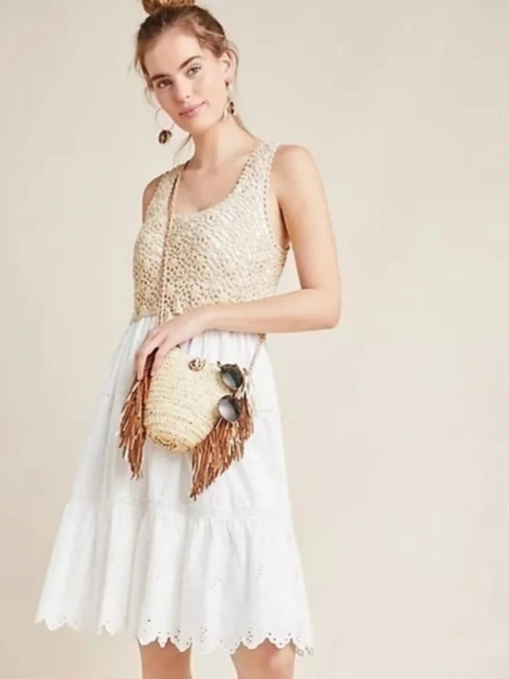 Anthropologie Beckett Beige Open Crochet Top White Tiered Eyelet Dress S